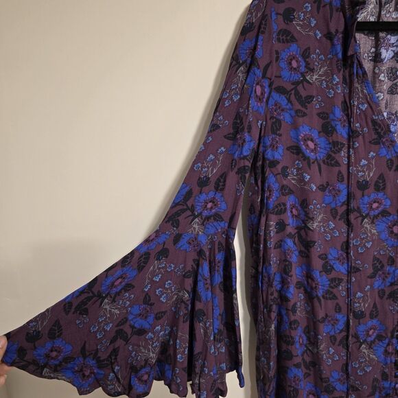 Free People Magic Mystery Tunic Top Dress XS Purple Floral Bell Sleeve Tie Neck - Picture 5 of 11